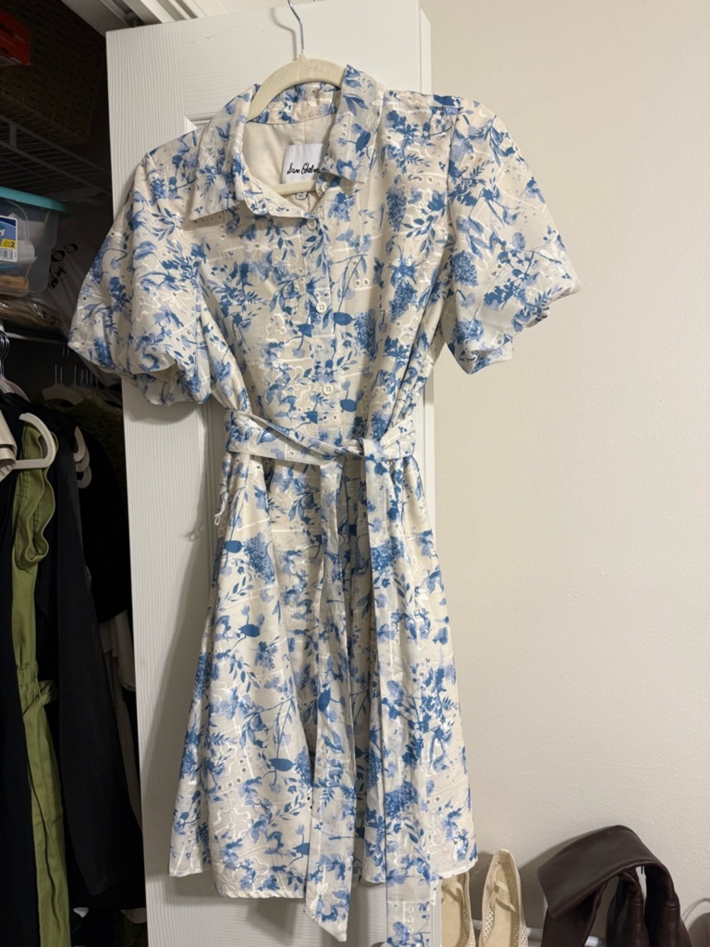 Sam Edelman Blue and Cream Floral Midi Shirt Dress with Waist Tie